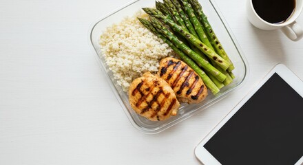 Healthy Meal Prep with Grilled Chicken, Asparagus, Quinoa, and Coffee on a White Background