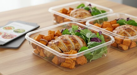 Healthy Meal Prep with Grilled Chicken, Sweet Potatoes, and Fresh Greens in Clear Containers on Wooden Table