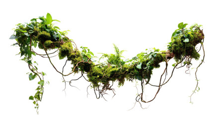 realistic jungle liana with green moss and textured bark isolated on transparent background