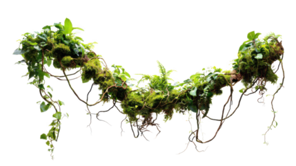 realistic jungle liana with green moss and textured bark isolated on transparent background