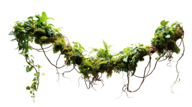 realistic jungle liana with green moss and textured bark isolated on transparent background