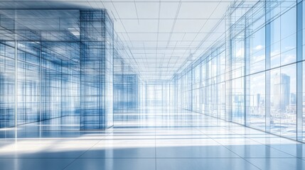 architectural blueprint visualization of a modern office building showcasing an open floor plan with floor-to-ceiling windows and a cityscape view emphasizing transparency and innovation