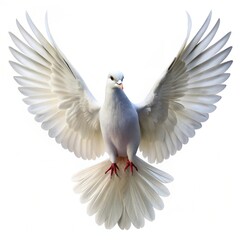 Obraz premium White dove flying with wings spread, a beautiful symbol of peace and freedom against a blue sky