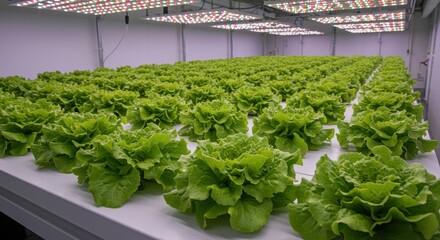 Indoor Hydroponic Lettuce Farm with Rows of Fresh Green Lettuce Grown Under LED Lights in Controlled Environment