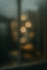 Raindrops on Glass Surface with Blurred City Lights Background