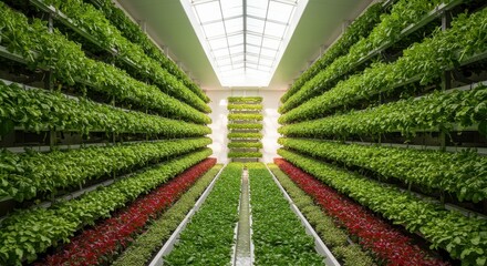 Indoor Vertical Farming with Fresh Green Herbs and Vibrant Red Lettuce in a Modern Greenhouse Setting