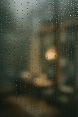 Raindrops on window pane reflecting city lights on a gloomy overcast day