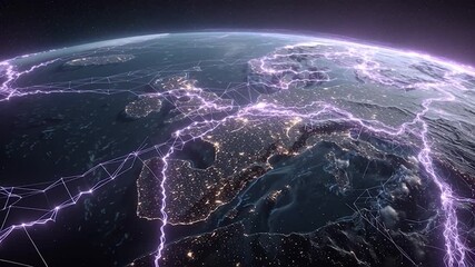 Ai Neural Networks Covering Planet Illustration. Global Digital Grid Growing Over Earth Looped Net 3d Animation.