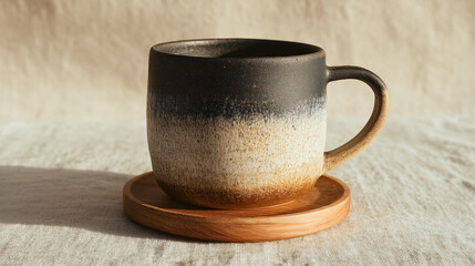 Two-Tone Mug on Wood Coaster with Minimal Background