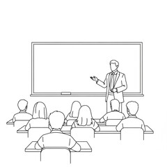 Line art illustration of a teacher lecturing to students in a classroom.