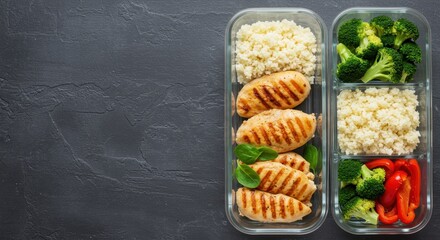 Healthy Meal Prep with Grilled Chicken, Quinoa, Broccoli, and Red Bell Pepper in Glass Containers for Nutrition and Fitness
