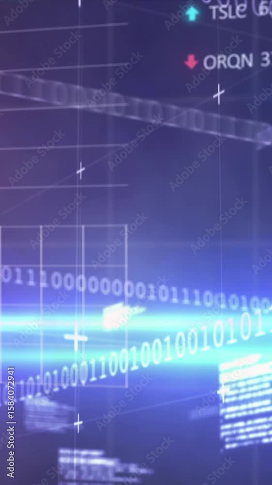 Poster animation of lens flares over looping binary codes, trading board and graphs with changing numbers