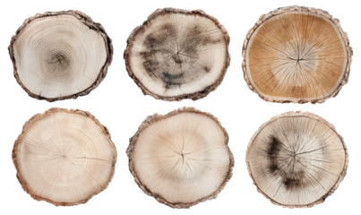 Close-up view of six wood cross-sections