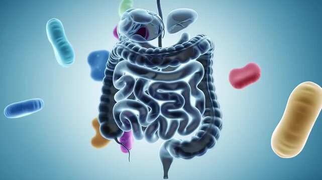 Detailed 3D Render of Translucent Digestive System Model Surrounded by Probiotic Capsules on Gradient Blue Backdrop