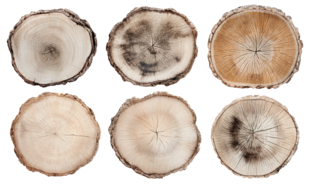Close-up view of six wood cross-sections