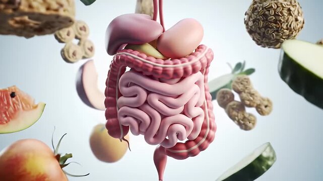 Detailed Anatomy of a Stylized Human Digestive System with Floating Broccoli Apples and Tomatoes Against a Bright Background
