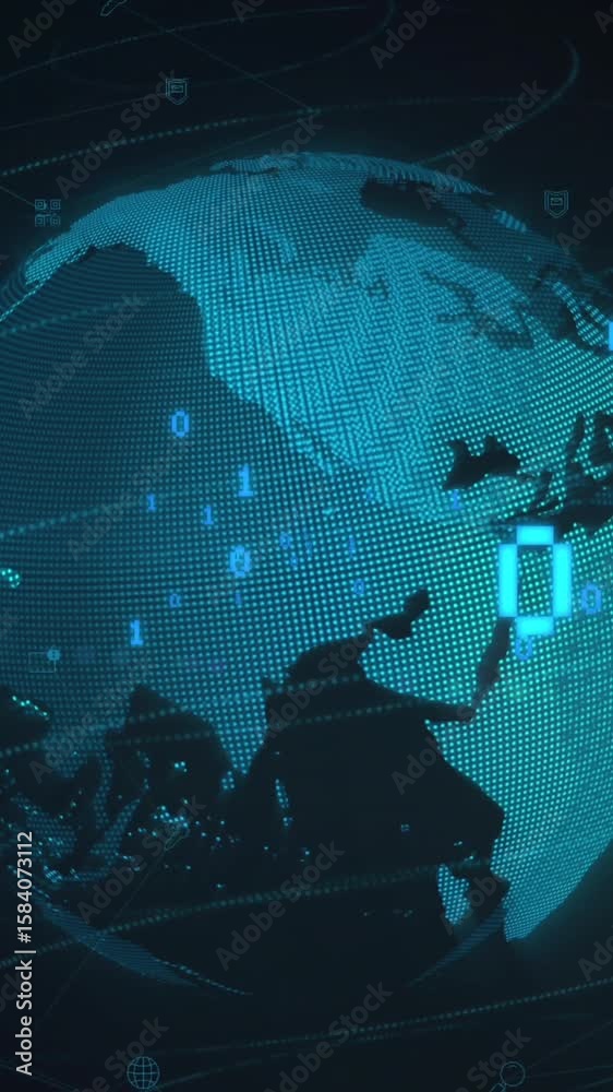 Poster animation of binary coding and light spot over spinning globe against blue background