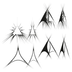 Sharp abstract elements. Geometric spike forms. Burst explosion shapes. Vector graphic symbols