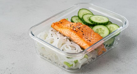 Salmon Fillet with Fresh Cucumber Slices and Rice Noodles in Glass Meal Prep Container for Healthy Eating and Nutrition on Grey Background