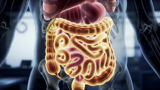 Detailed Translucent Human Torso Showcasing Digestive System Anatomy Including Colon Intestines Liver and Kidneys in a Medical Setting