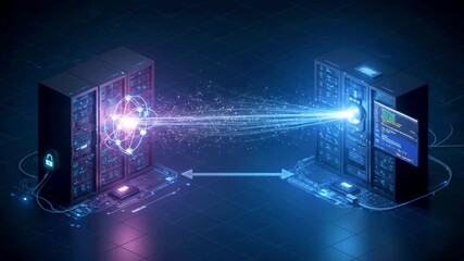 Futuristic data exchange between two advanced server racks showcasing digital connectivity and technology - Powered by Adobe