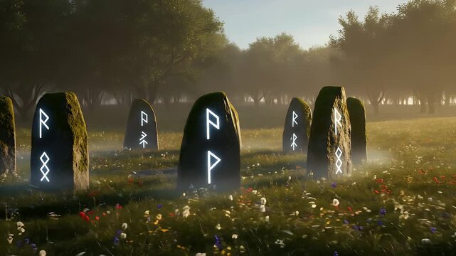 Mystical Rune Stones in a Serene Meadow: Illuminated ancient rune stones stand sentinel in a mystical meadow, bathed in the soft glow of dawn.