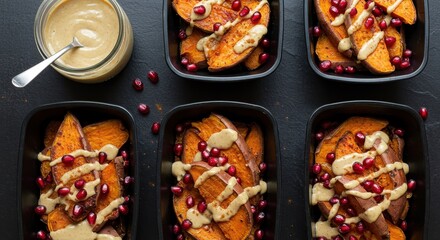 Deliciously Roasted Sweet Potatoes with Pomegranate Seeds and Tahini Dressing in Black Meal Prep Containers