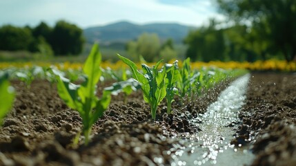 close-up shot showcases the fresh growth of young corn plants in a field with shimmering water droplets and soft background, representing the cycle of life and agricultural abundance