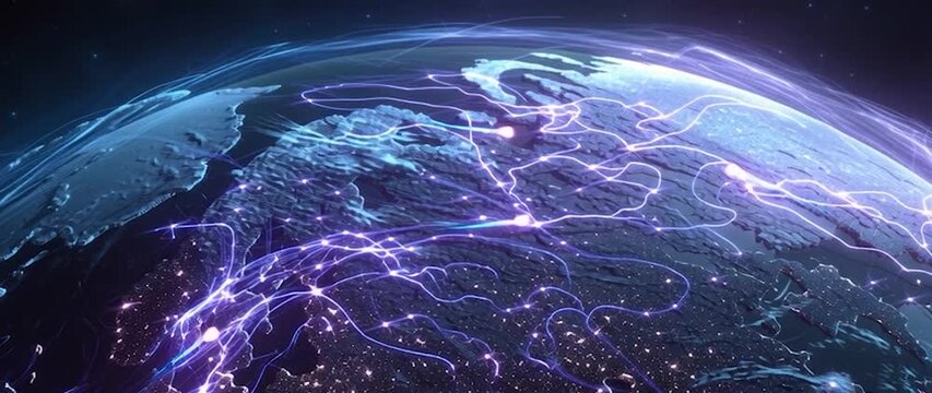 Anamorphic video Ai Neural Networks Covering Planet Illustration. Global Digital Grid Growing Over Earth Looped Net 3d Animation.