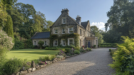 Country house with gravel driveway and garden surrounded by trees under clear blue sky on sunny day, creating peaceful and inviting rural atmosphere