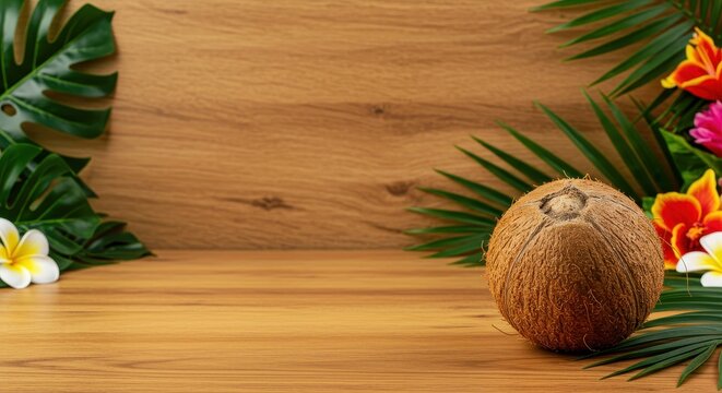 Fresh Coconut Surrounded by Tropical Leaves and Colorful Flowers on Wooden Background as Design Element for Summer Themes, Restaurant Menus, or Wellness Concepts