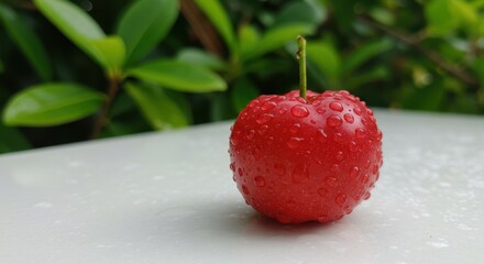 Fresh red cherry with droplets on a white surface surrounded by greenery, highlighting nature's beauty and vibrant colors in a close-up shot