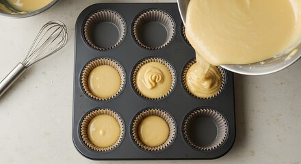 Cupcake batter being poured into a muffin tin lined with paper cups, with a whisk and bowl nearby.