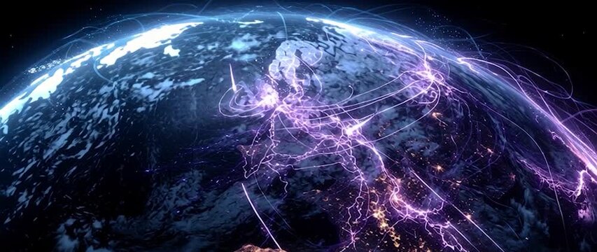 Anamorphic video Ai Neural Networks Covering Planet Illustration. Global Digital Grid Growing Over Earth Looped Net 3d Animation.