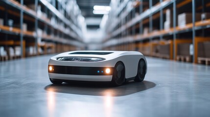 Obraz premium a sophisticated depiction of autonomous guided vehicle moving goods inside the warehouse, showing the future of logistics and warehouse automation with robotic technology