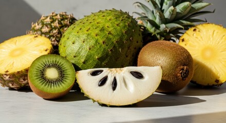 Fresh Tropical Fruits Display with Pineapple, Kiwi, Soursop, and Other Exotic Varieties on a Bright Background for Culinary Inspiration