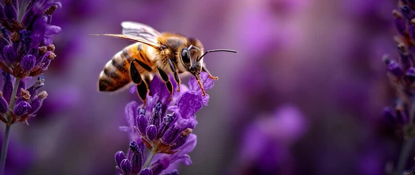 Anamorphic video bee is sitting on a purple flower