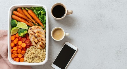 Healthy meal prep with grilled chicken, quinoa, fresh vegetables, coffee cups, and smartphone on light background