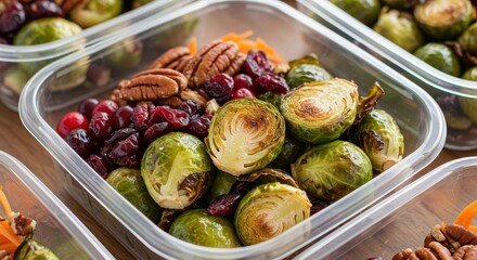 Freshly Cooked Brussels Sprouts Mixed with Pecans and Dried Cranberries in Clear Meal Prep Containers on a Wooden Surface