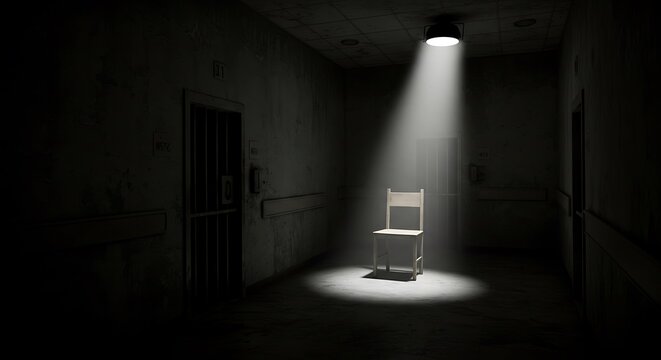 A dark dirty white padded cell in a mental hospital with an empty chair in the corner lit by a single spotlight