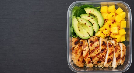 Grilled Chicken Meal Prep Bowl with Avocado, Spinach, Fresh Mango, and Quinoa on Dark Background Ready for Healthy Eating