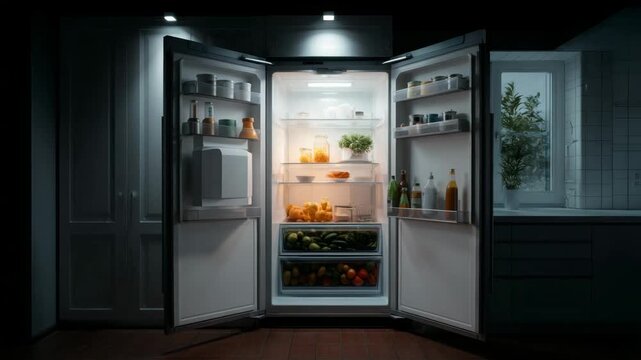 Full refrigerator with various food items at night under a dim light.