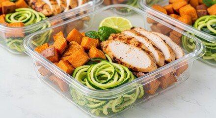 Healthy Meal Prep Containers with Grilled Chicken, Sweet Potatoes, and Zucchini Noodles Ideal for Nutrition and Wellness Lifestyle