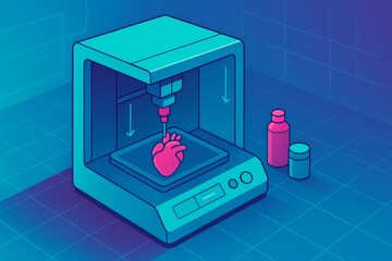 Isometric Illustration of 3D Bioprinter Creating Human Heart Model in Futuristic Laboratory