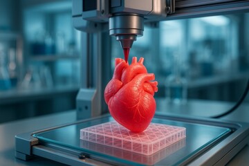 Close-Up of 3D Bioprinter Creating Human Heart Model in Advanced Medical Laboratory