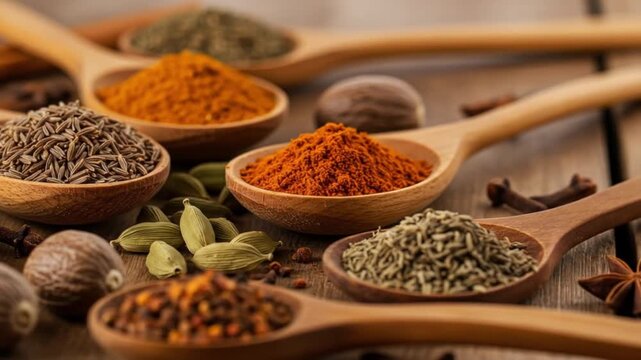 Spices in wooden spoons natural arrangement