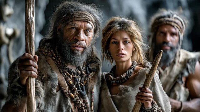 Ancient tribe people in cave, neanderthal family are in prehistoric time, theme of Stone Age, caveman and culture