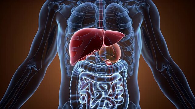 Translucent Male Torso Displaying Internal Organs Including Liver and Intestines in Detailed Anatomy on Dark Background