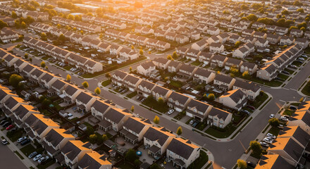 An aerial view of a vast, uniform residential neighborhood with numerous houses and streets bathed in the warm glow of sunset