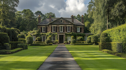 Luxury residential house with perfectly kept front garden and trimmed hedges under cloudy sky, surrounded by tall trees creating peaceful and elegant atmosphere